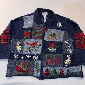 Zip Front Christmas Sweater by Tiara International Women's Size 3X Embroidered